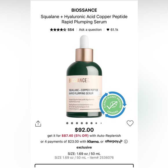 Biossance Squalane Hyaluronic Acid Copper Peptide Rapid Plumping Serum 12ml - Picture 2 of 2